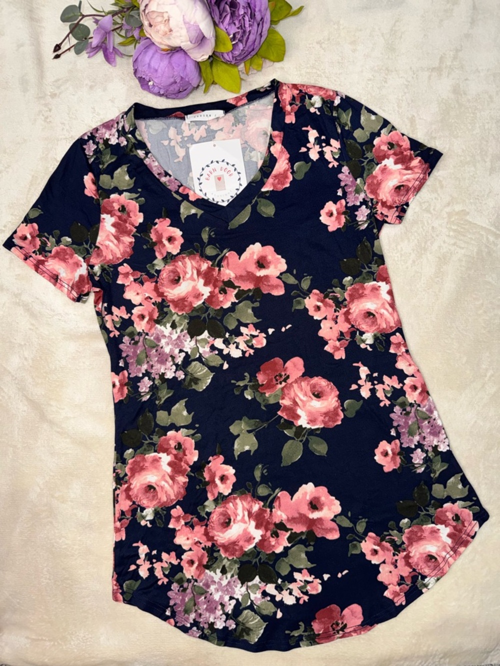 NWT Boutique Navy Floral Short Sleeve Top